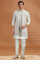 Light Pista Green Silk Embroidered Jacket Kurta Set
